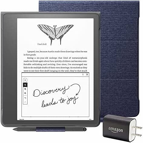 Kindle Scribe Essentials Bundle including Kindle Scribe (16 GB), Premium Pen, Fabric Folio Cover with Magnetic Attach - Denim, and Power Adapter