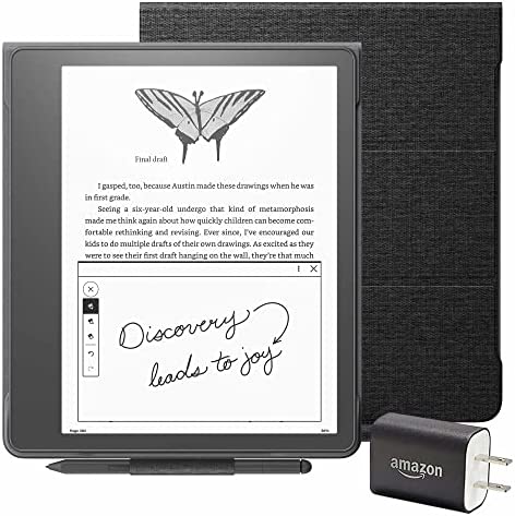 Kindle Scribe Essentials Bundle including Kindle Scribe (64 GB), Premium Pen, Fabric Folio Cover with Magnetic Attach - Black, and Power Adapter