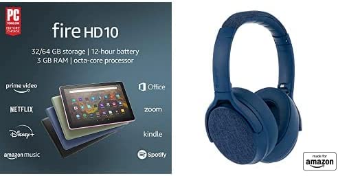 Tablet Bundle: Includes Amazon Fire HD 10 tablet, 10.1", 1080p Full HD, 32 GB (Denim) & Made for Amazon Active Noise Cancelling Bluetooth Headphones (Blue)