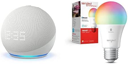 Echo Dot (5th Gen) with Clock | Glacier White with Sengled Bluetooth Color Bulb | Alexa smart home starter kit