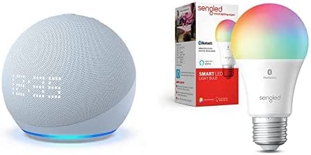 Echo Dot (5th Gen) with Clock | Cloud Blue with Sengled Bluetooth Color Bulb | Alexa smart home starter kit