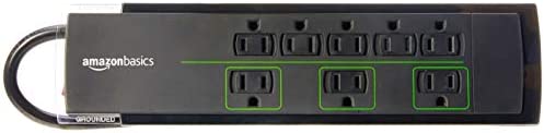 Amazon Basics 8-Outlet Power Strip Surge Protector, 4,500 Joule - 6-Foot Cord, Black/Green