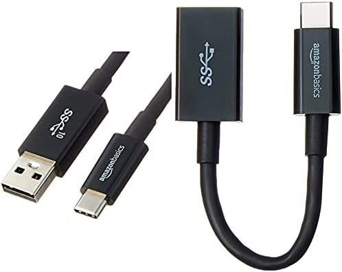 Amazon Basics USB Type-C to USB-A Male 3.1 Gen2 Adapter Charger Cable - 3 Feet (0.9 Meters) - Black & USB Type-C to USB 3.1 Gen1 Female Adapter Cable - Black