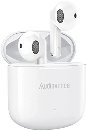 Audiovance NT301 Earbuds, Wireless Headphones Bluetooth Ear Buds for iPhone and Android, Comfort Fit, Premium Sound, Clear Calls, Wireless Charging, Waterproof, 23H Battery Earphones (White)