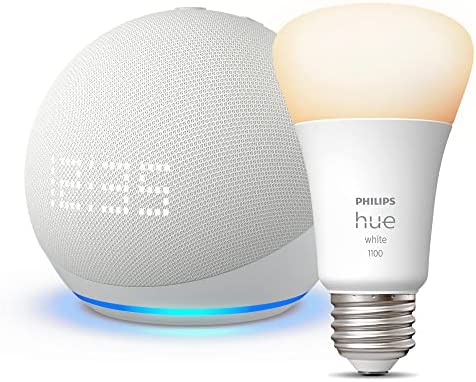 Echo Dot (5th Gen) with Clock | Glacier White with Philips Hue White Smart Bulb