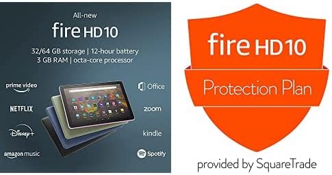 Fire HD 10 Tablet (32 GB, Olive, Lockscreen Ad Supported) + 2-Year Protection Plan
