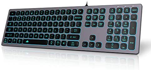 POWZAN Aluminum Quiet Wired Keyboard Backlit- Slim Chiclet Keyboard Compatible with Apple iMac, MacBook, Mac and PC, USB Keyboard Numeric Keypad RGB Lighted Key - Space Gray
