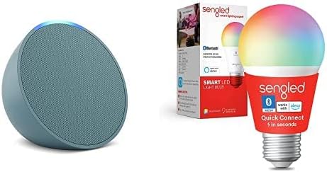 Echo Pop | Midnight Teal with Sengled Smart Color Bulb | Alexa smart home starter kit