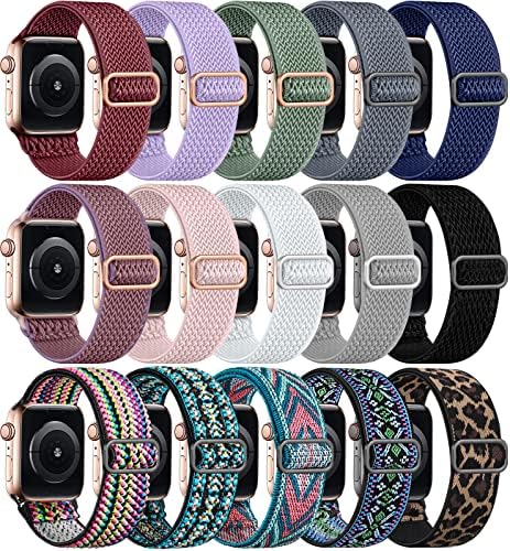 GEAK 15 Pack Stretchy Nylon Solo Loop Bands Compatible With Apple Watch 38mm 40mm 41mm 42mm 44mm 45mm 49mm for Women Men, Adjustable Elastic Braided Straps for iWatch Ultra SE Series 8 7 6 5 4 3 2 1
