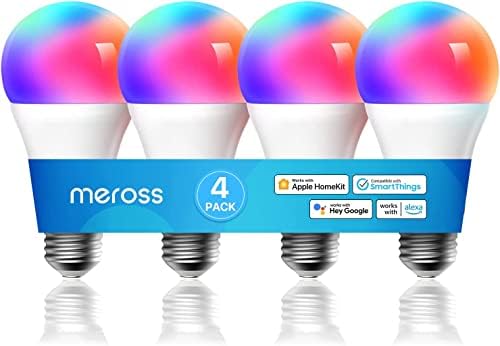 Smart Light Bulb, meross Smart WiFi LED Bulbs Compatible with Apple HomeKit, Siri, Alexa, Google Assistant and SmartThings, Dimmable E26 Multicolor 2700K-6500K RGBWW, 900 Lumens 60W Equivalent, 4 Pack
