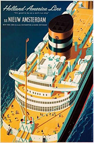 TX352 Vintage Holland America Line Amsterdam Cruise Ship Travel Poster Re-Print - A2+ (610 x 432mm) 24" x 17"
